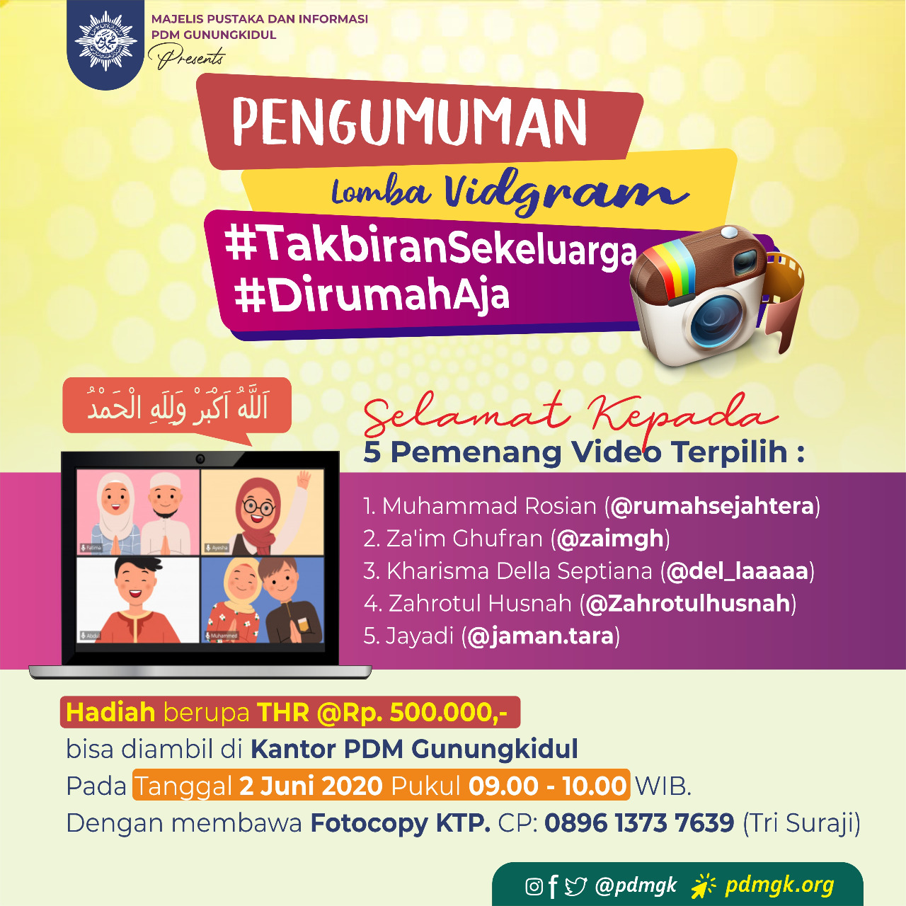 Hasil Lengkap Lomba #VidGram #TakbiranKeluarga PDM Gunungkidul 1441 H