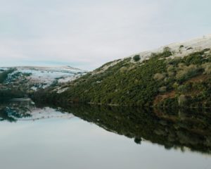 still surface of lake surrounded by green hills